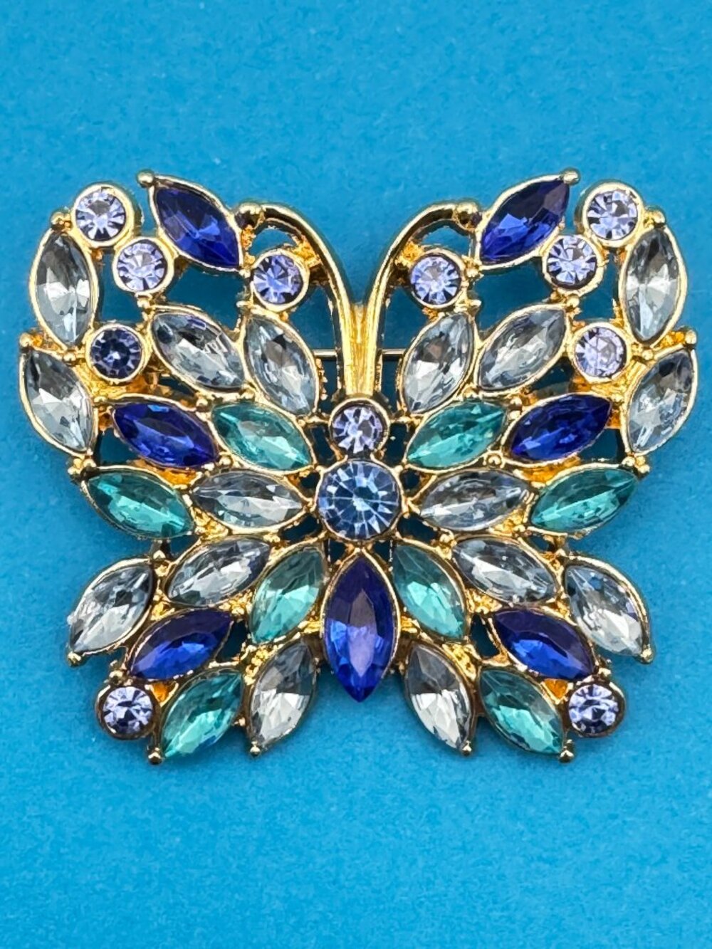 Butterfly Rhinestone Brooch Pin Gold Tone Blue Teal Crystals